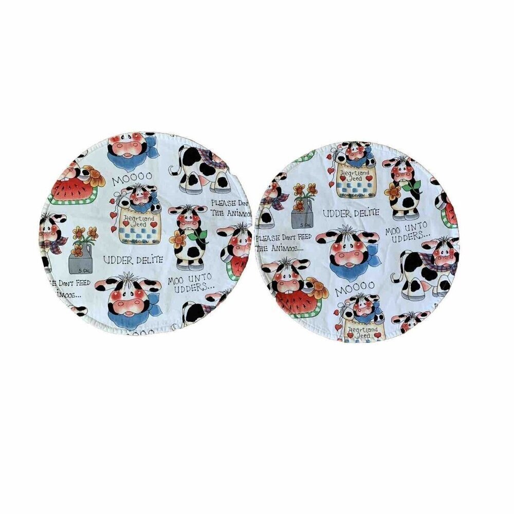 Set of 2 Cows Placemats Kitchen Round 15” Cotton Farmhouse White